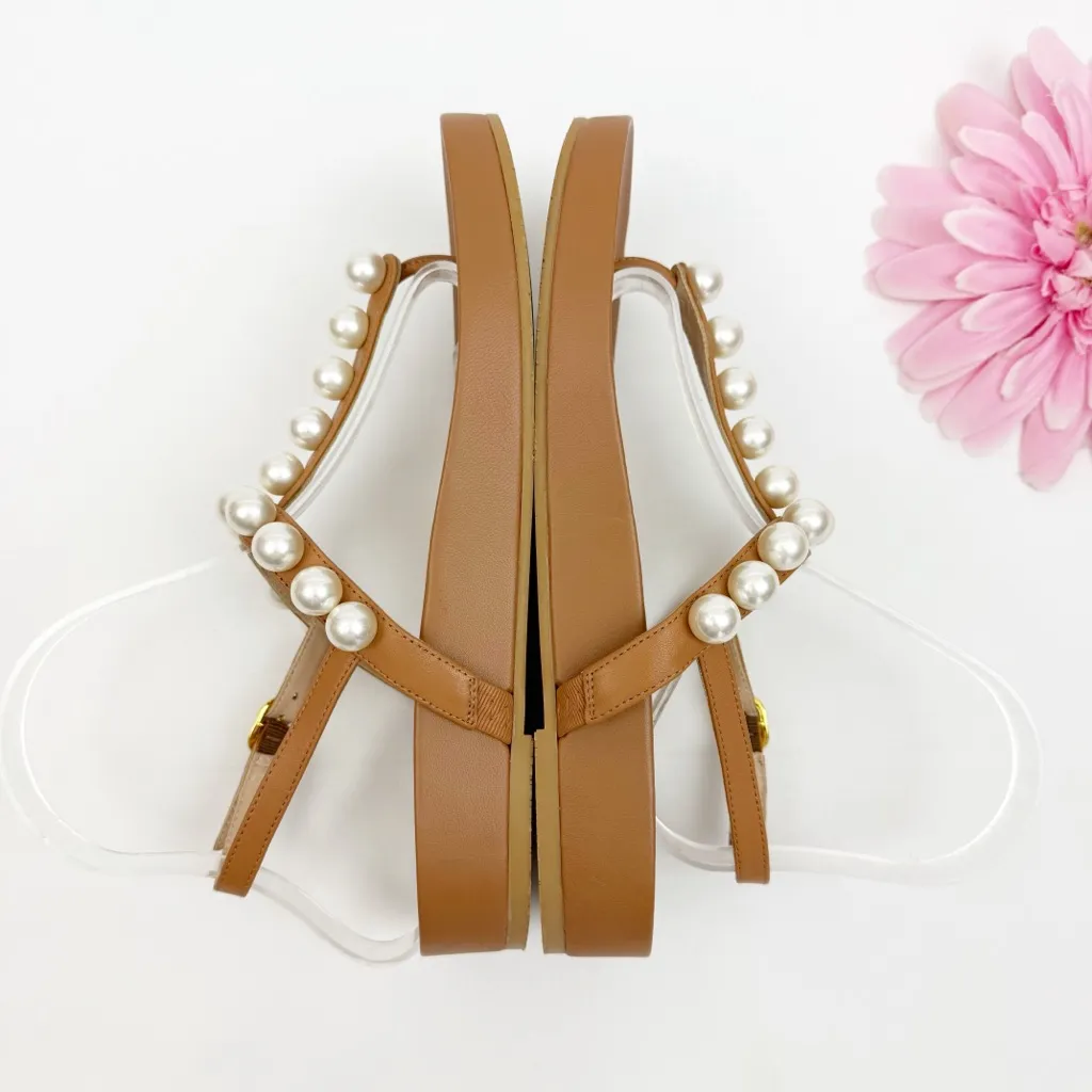 Stuart Weitzman Women’s Goldie Pearl Demi Wedge Thong T-Strap Sandals Tan White - Image 8