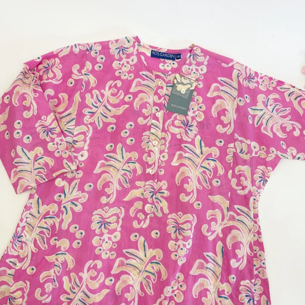 Ro’s Garden Cotton Classic Kurta Long Midi Maxi Dress Kazo Pink Floral Bohemian - Image 4