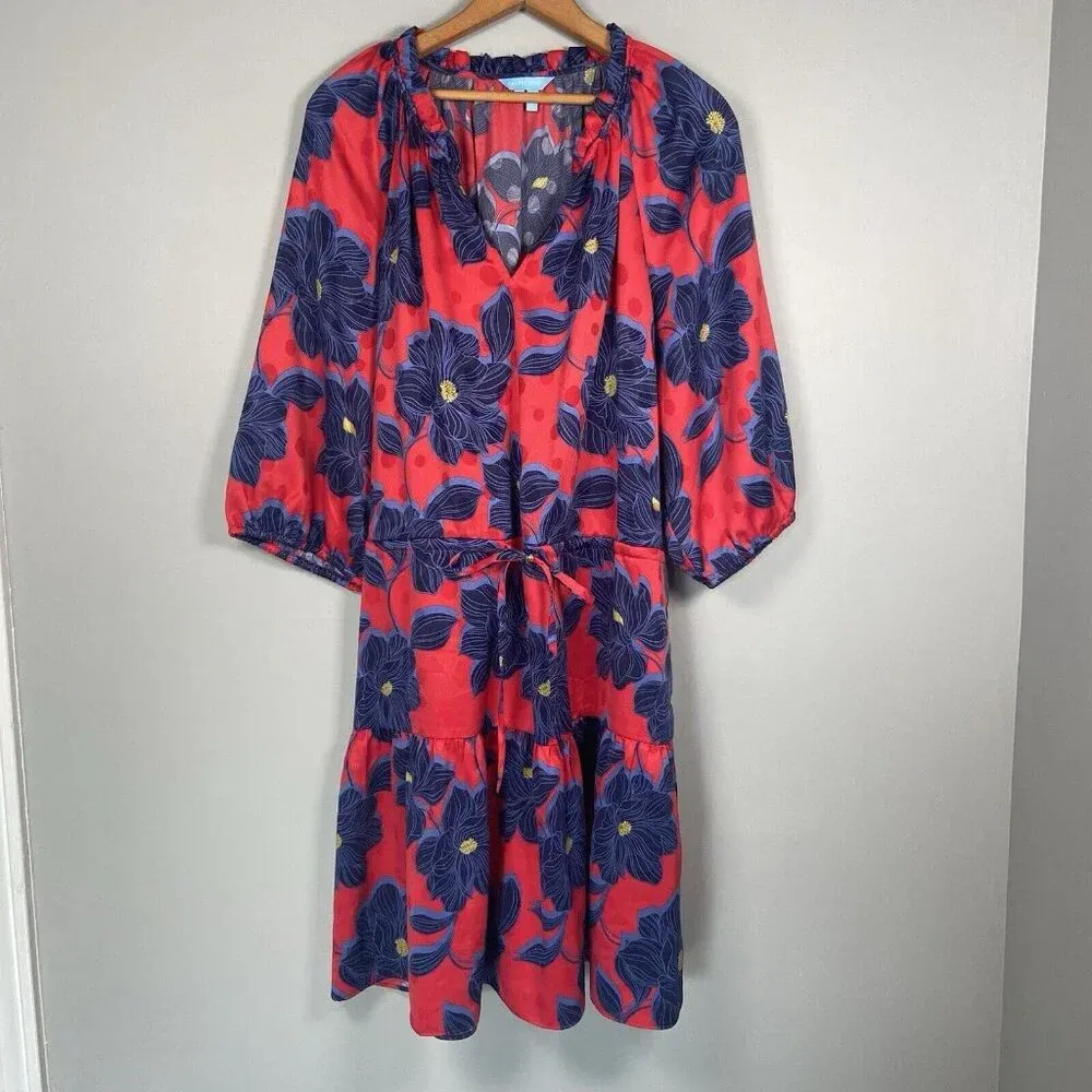 Draper James Martina Mini Dress in Magnolia Jacquard‎ Dot Size XXL Red Floral - Image 3