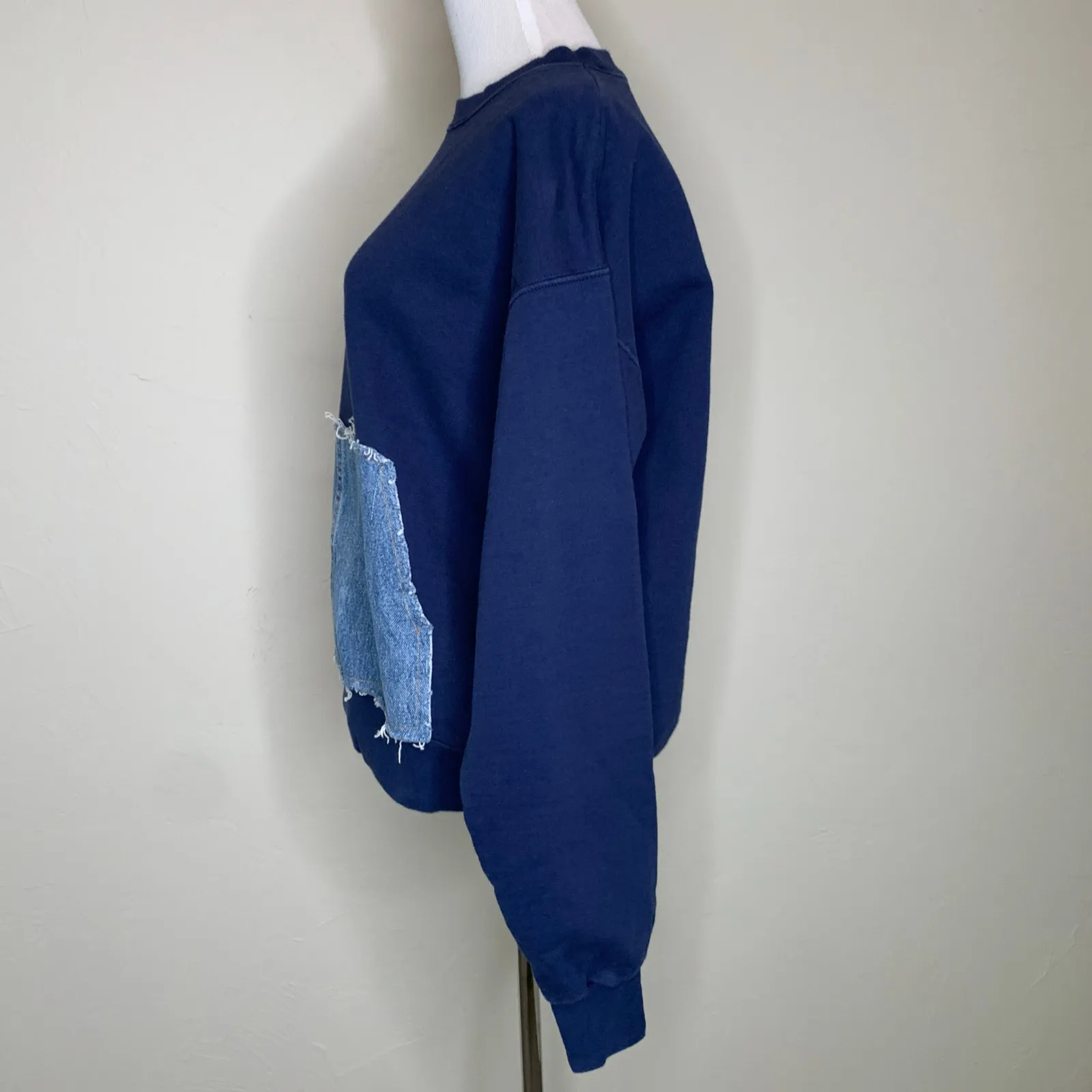 Vintage Blue Crewneck Sweatshirt Denim Pocket Sz Medium Reworked - Image 3