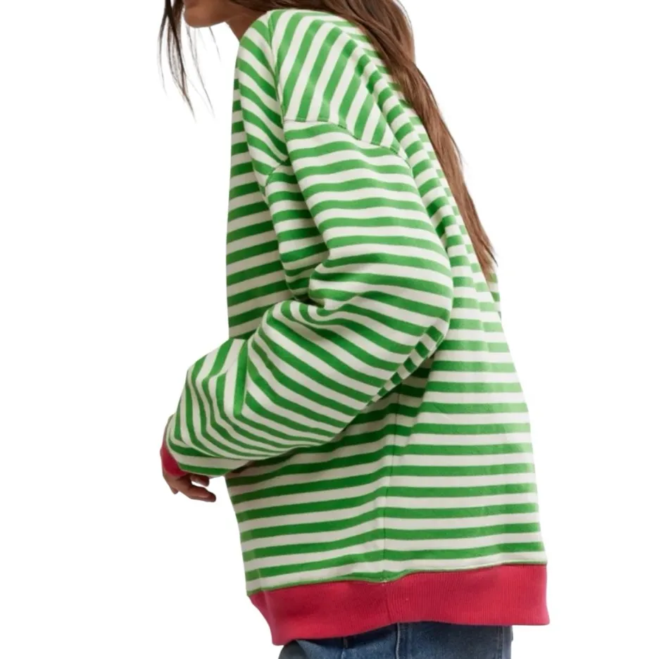 FREE PEOPLE Classic Striped Oversized Crewneck Pink Clover Combo Size M - Image 2