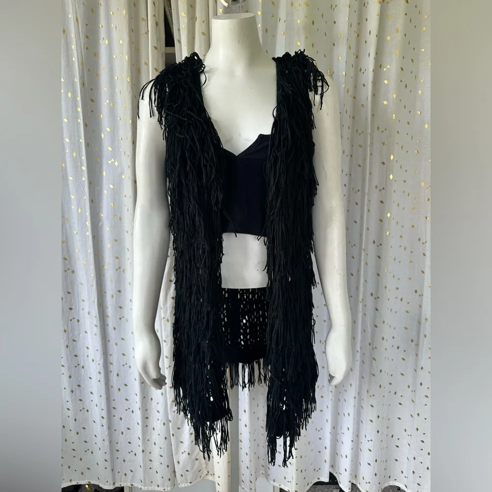 PPLA Clothing Black Boho Hippie Southwestern Flounder Fringe Crochet Vest Size M - Image 4