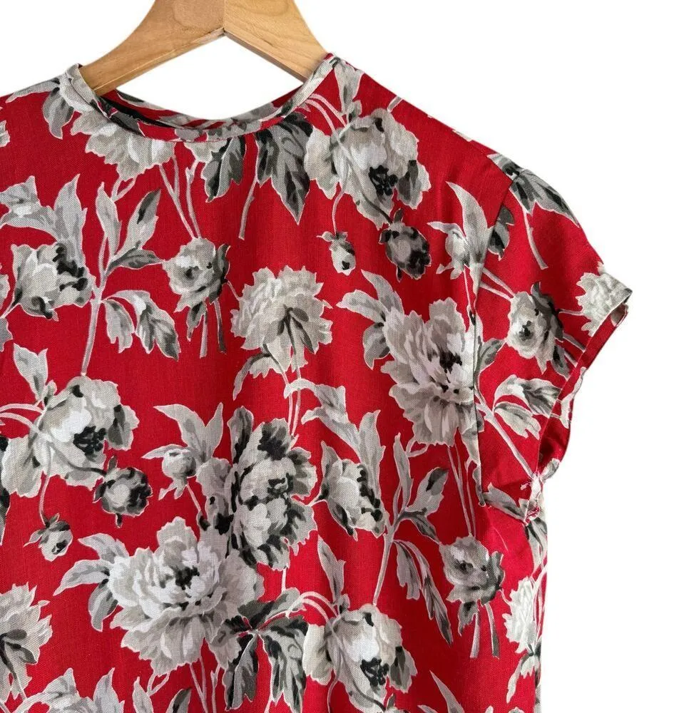 Vintage 80s Attaché Herman Geist Linen Red Floral Blouse Button Back Crewneck, 8 - Image 4