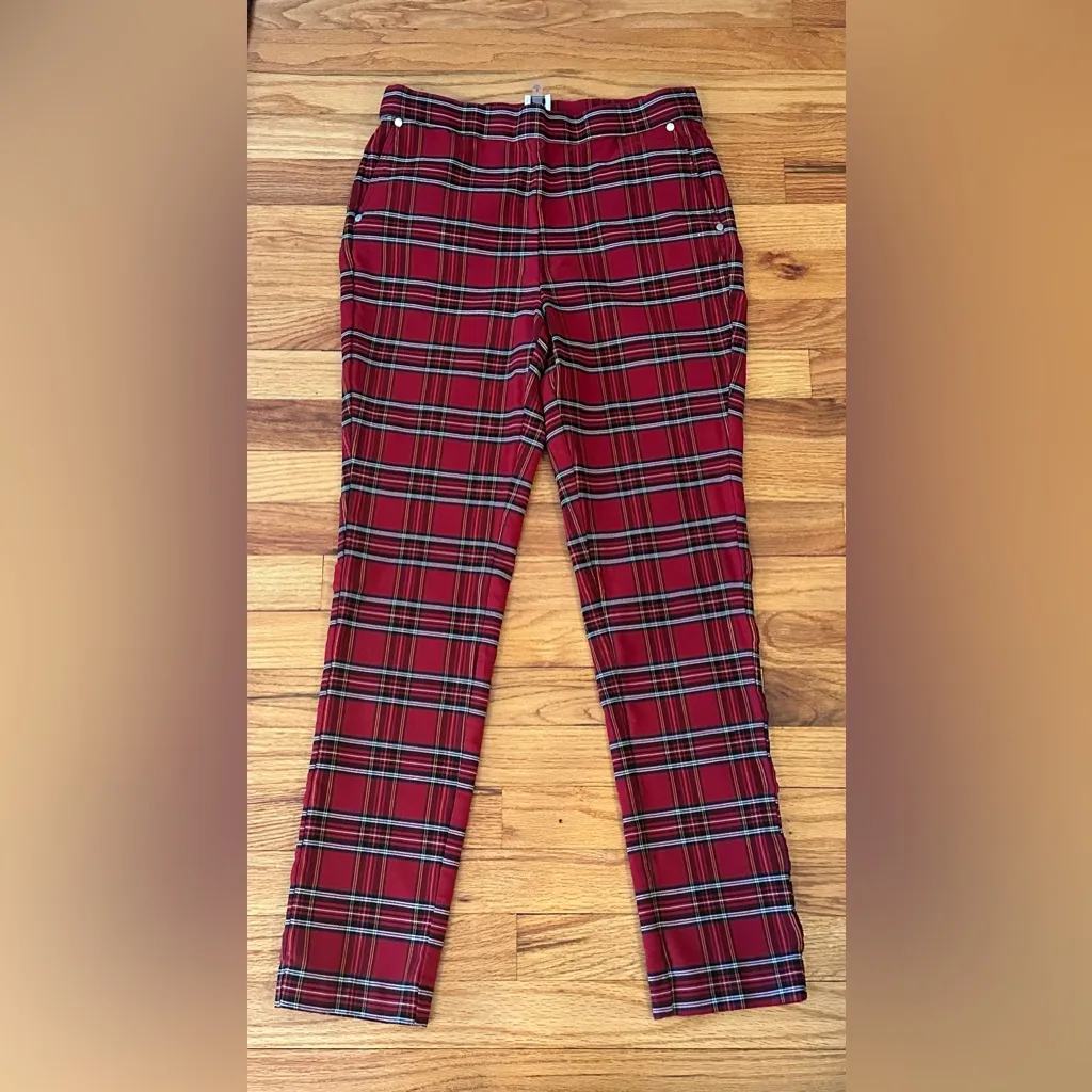 Anne Klein Red and Black Plaid Pull On Skinny Leg Pants Sz M - Image 3