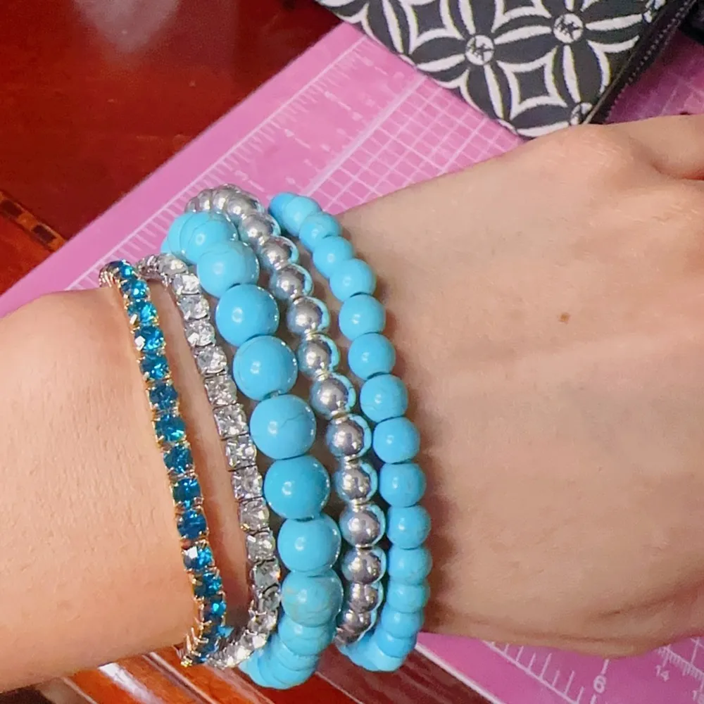 Jessica Simpson 5 pc bracelets set 2 blue natural stone + silver gold diamonds - Image 4