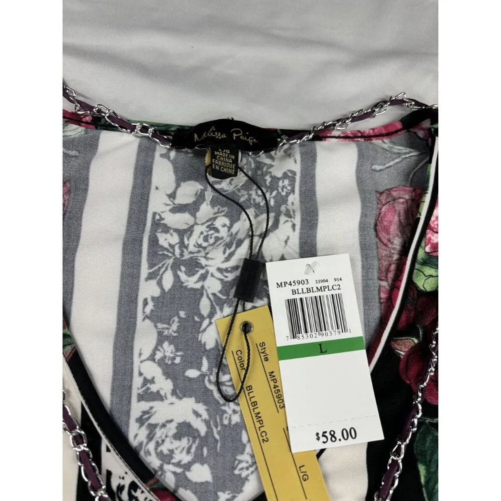 Melissa Paige Floral Print Tunic Top Womens  L V-Neck Stretch Casual w/ Necklace - Image 3