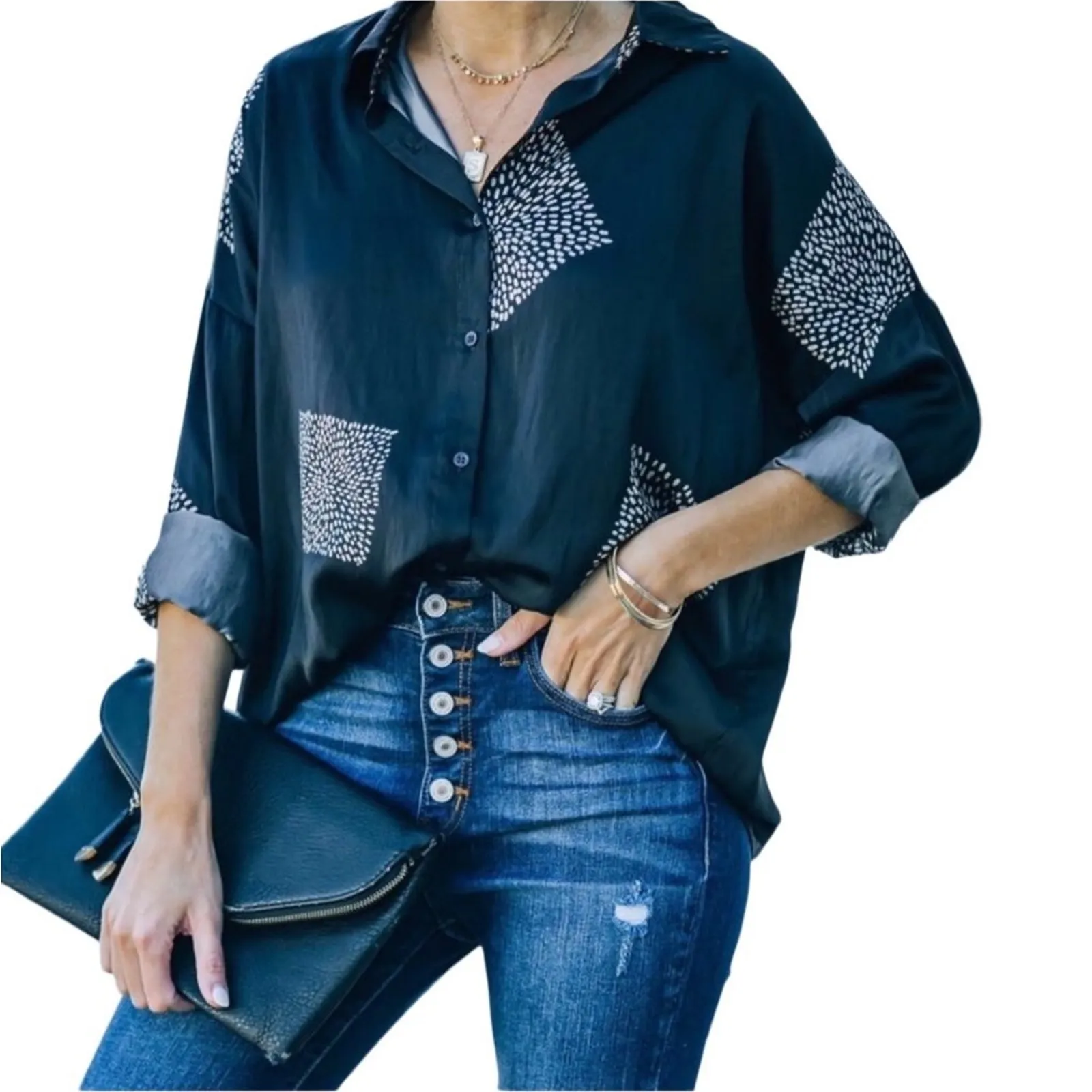 GRADE & GATHER Geo Satin Shirt Women S Black Oversized Office Boho Whimsygoth - Image 2