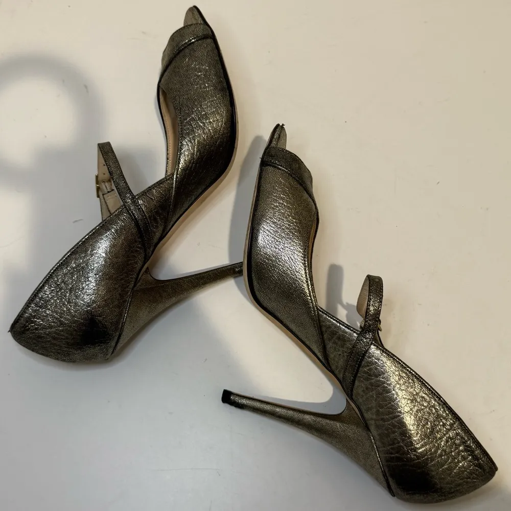 Jimmy Choo Crinkle Metallic Gunmetal Silver Sexy Mary Jane Peep Toe Heels EU 40 - Image 4