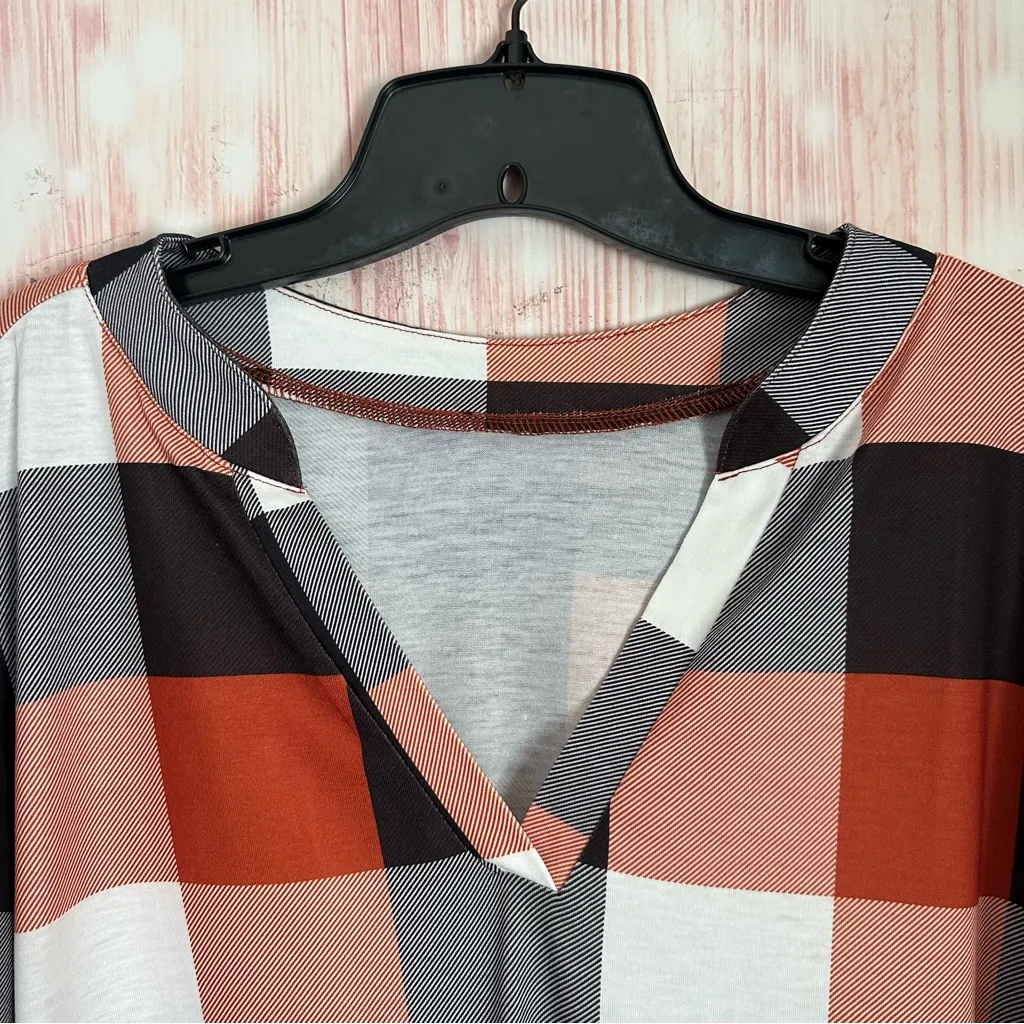 Amazon Cnlinkco Brown & Black Plaid V Neck Convertible Sleeve Blouse Size XL - Image 5