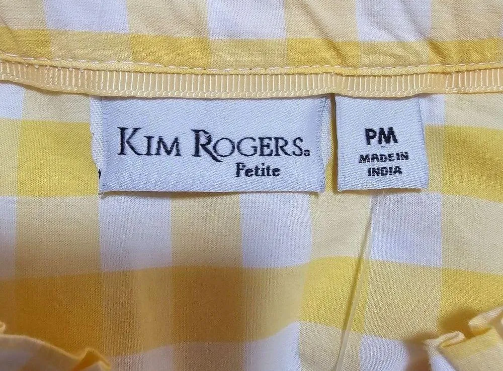 Kim Rogers Yellow & White Gingham Ruffle Neck Roll Tab Blouse Size MP - Image 6