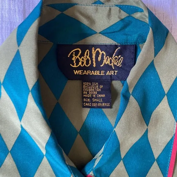 1990S BOB MACKIE Green & Blue Silk Harlequin Blouse Small‎ - Image 3
