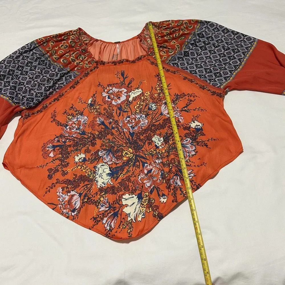 Free People Positano Floral Boho Blouse Balloon Sleeves Orange Sz XS Extra Small - Image 6