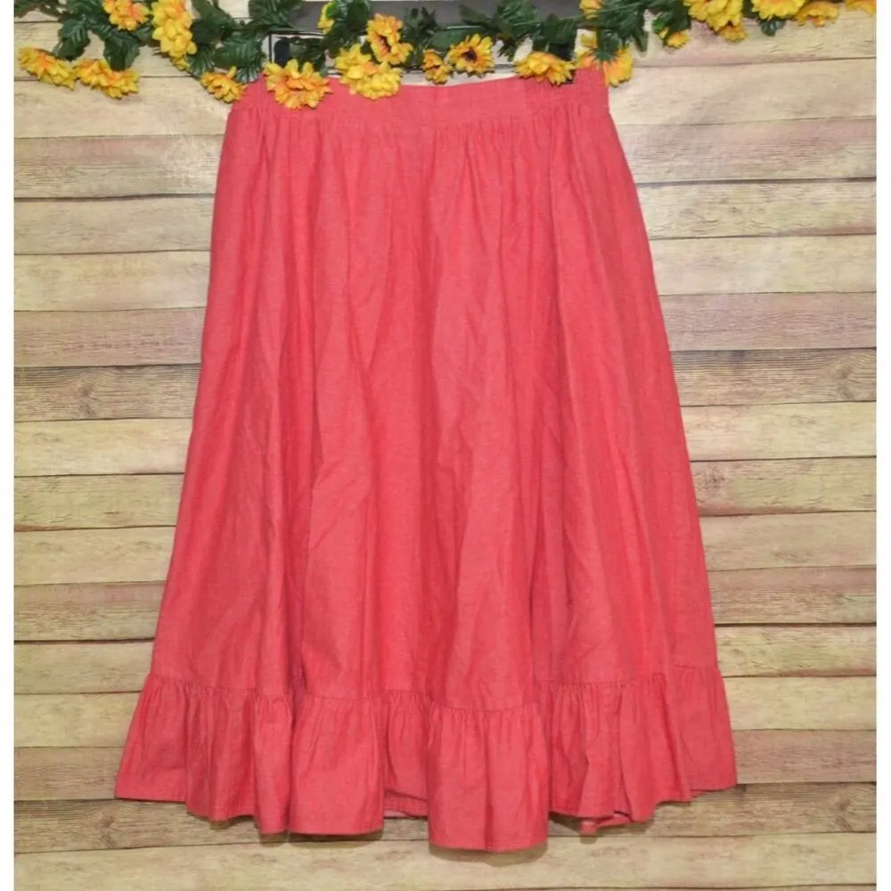 Vintage Ladies 14 L Red Denim Maxi Skirt Elastic Waist Modest Western Prairie Size L - Image 4