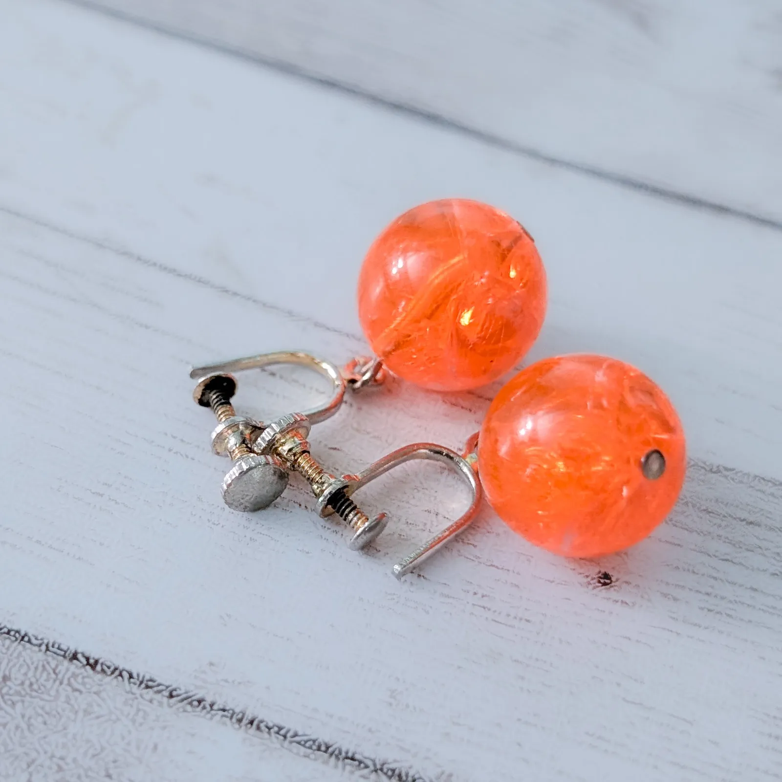 Vintage Screw On Earrings Bright Orange Ball Dangle - Image 4