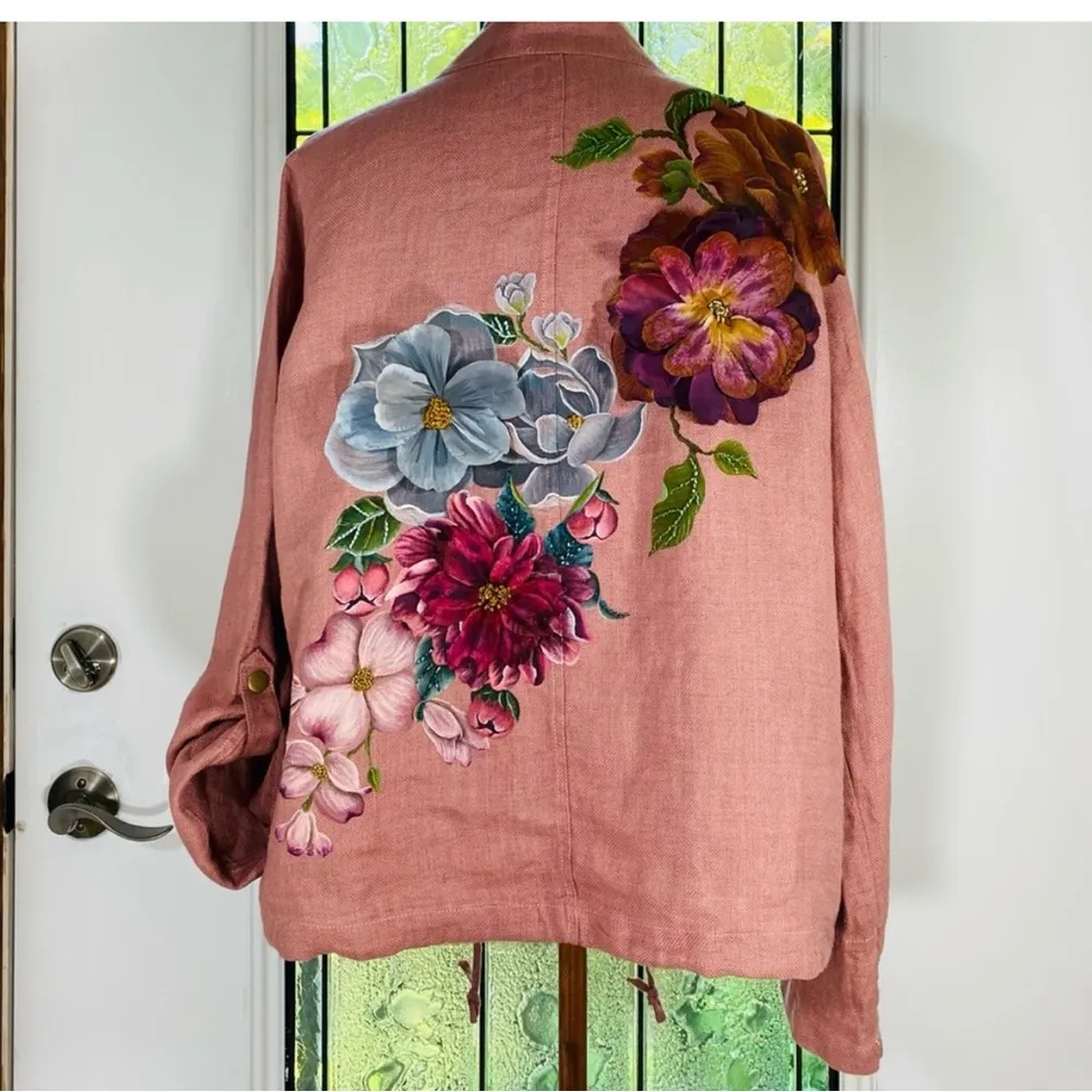 Beautiful Hand Painted Floral & Beaded Linen Jacket Sz L Pink Size L - Image 4