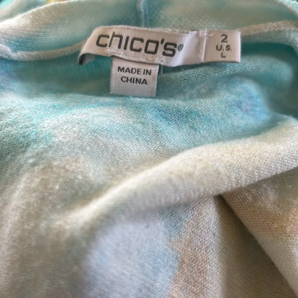 Chico’s Spun Rayon Watercolor Cardigan Sz 2/L Open Concept Notched Hem LS Fall - Image 7