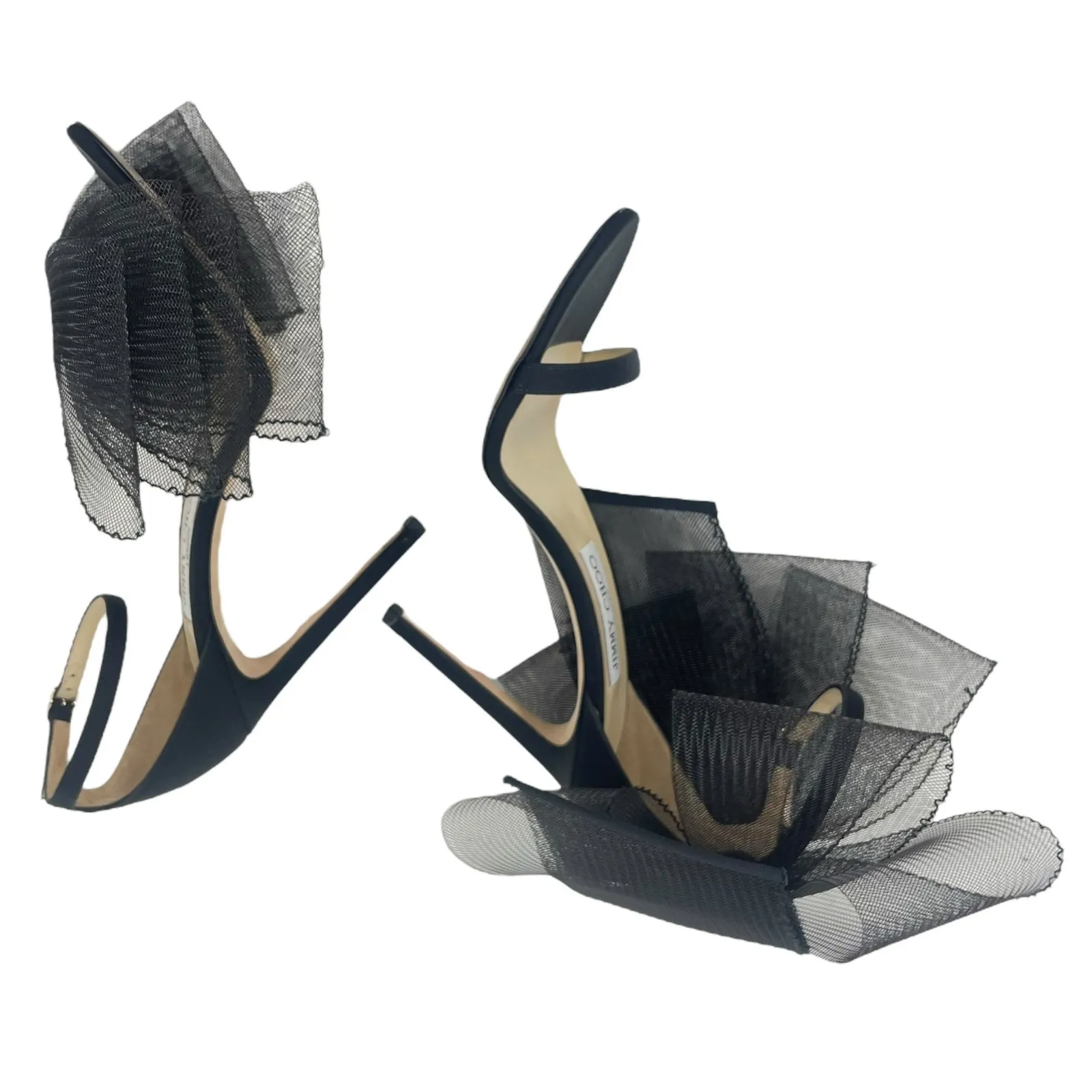 Jimmy Choo Aveline 100 Black Sandal Grosgrain Mesh Fasincator Bow Size 39 - Image 7
