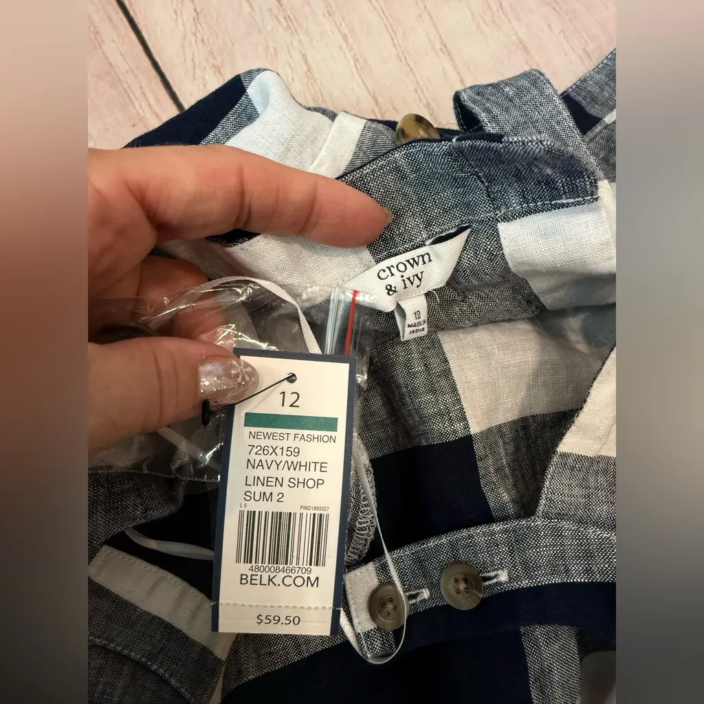 NWT Crown & Ivy Blue White Plaid Peplum Tie Linen Sleeveless Blouse Top Sz 12 - Image 4