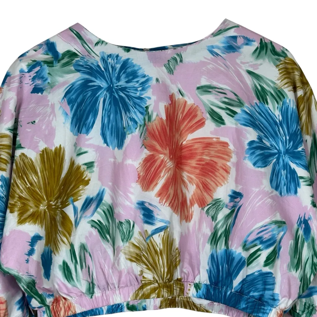 NWT Aureum Crop Top Womens M Pink Floral Puff Sleeve 100% Cotton Coastal Beachy Blue Size M - Image 3