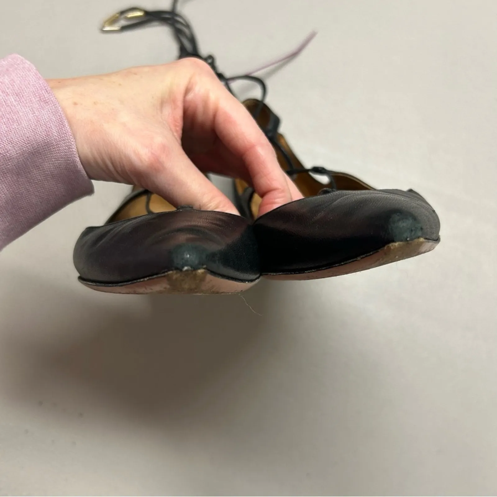 Aquazzura Christy Flat Black Leather Tie Up Lace Ankle Gold Plated EUR Size 35.5 - Image 6