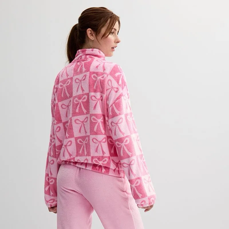 Mighty Fine Pink Bows Checkered Quarter Zip Teddy Pullover Jacket - Image 2