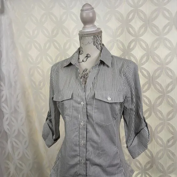Active USA White Olive Stripe Woven Button Down‎ Blouse Size M NWT - Image 11