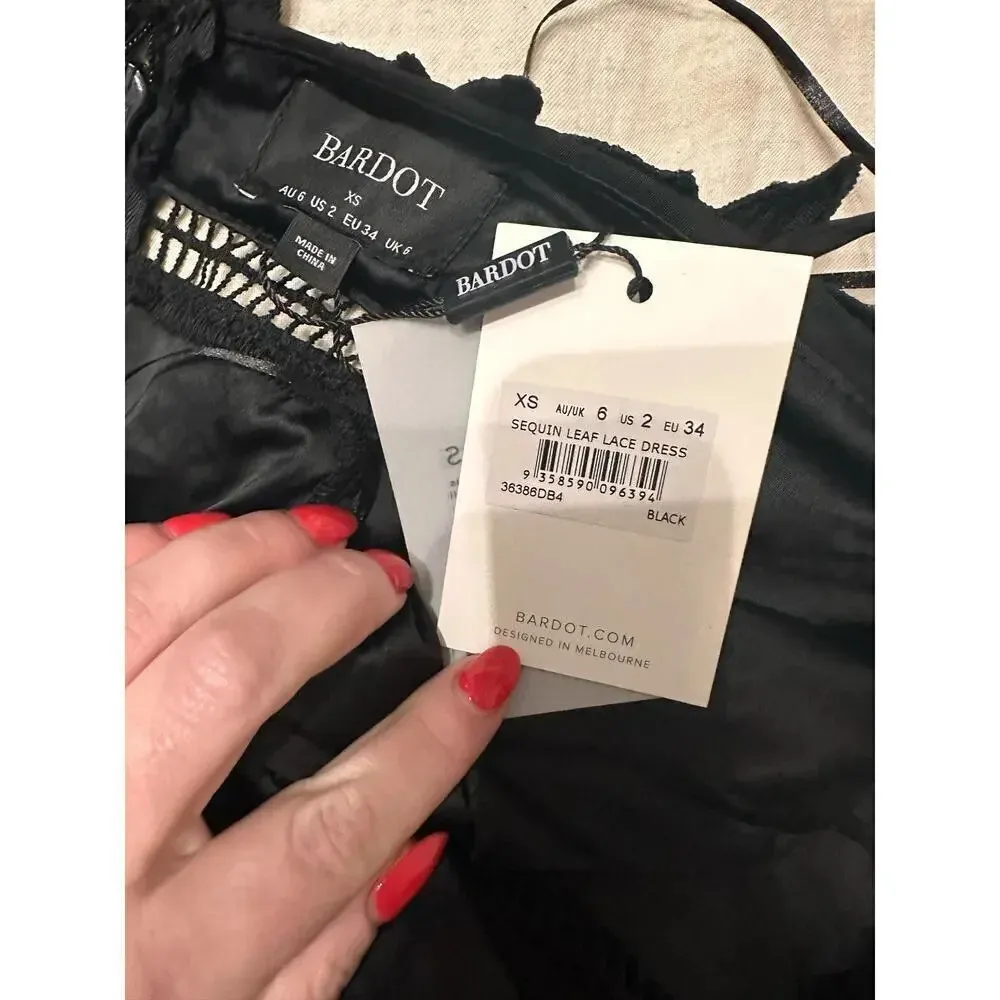 NWT! Bardot Sequin Leaf Lace Dress In Black Sz 2 - Image 9