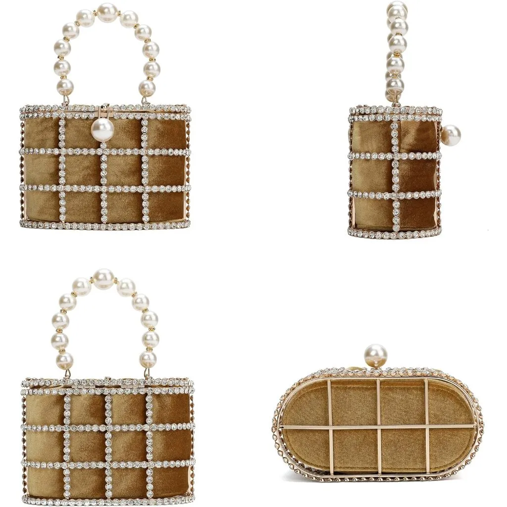 ⚡Women's Gold Detachable Pearl Diamond Chain Soft Velvet Shoulder Clutch Handbag - Image 2