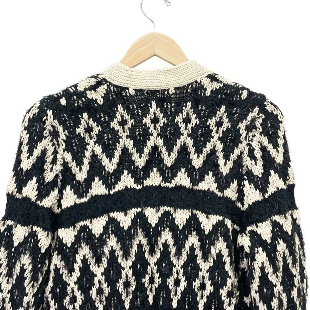 Lucky Brand Diamond Fair Isle Long Boho Cardigan Black & Cream Womens Size Small - Image 8