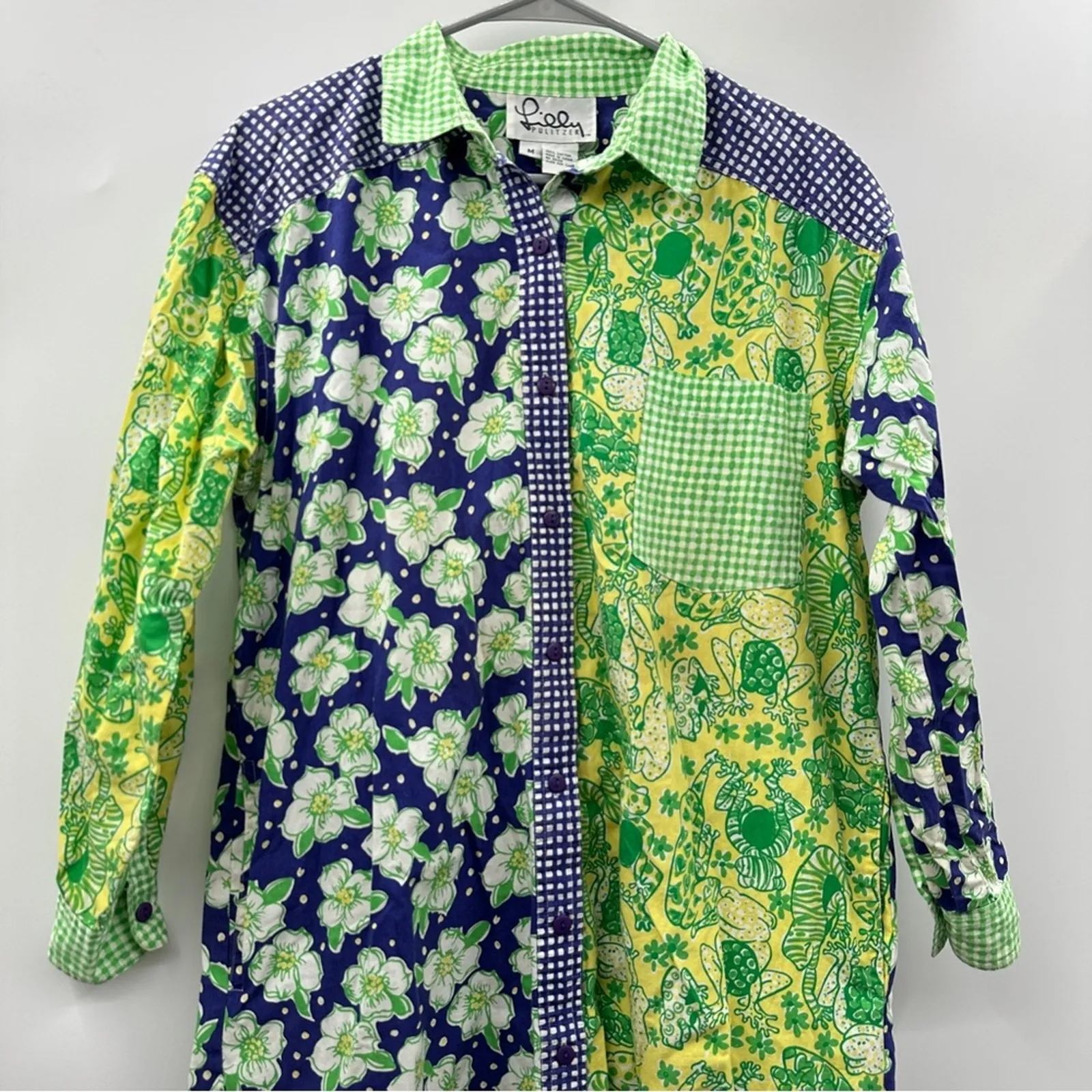 White Label Lilly Pulitzer Blue & Green Patchwork Button Front Shirt Dress Sz M‎ - Image 2
