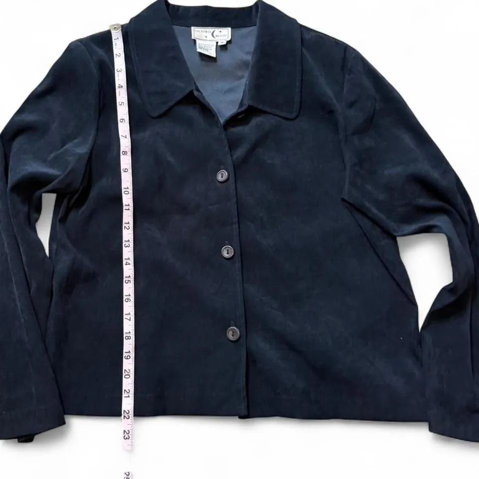 Vintage 90's Victoria Moon Navy Faux Suede Jacket Blue Size 8 - Image 8