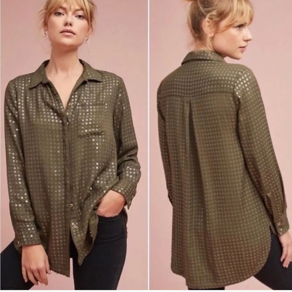 Anthropologie Maeve Green Full Sequin Button Front Shirt Sz XS - Image 2