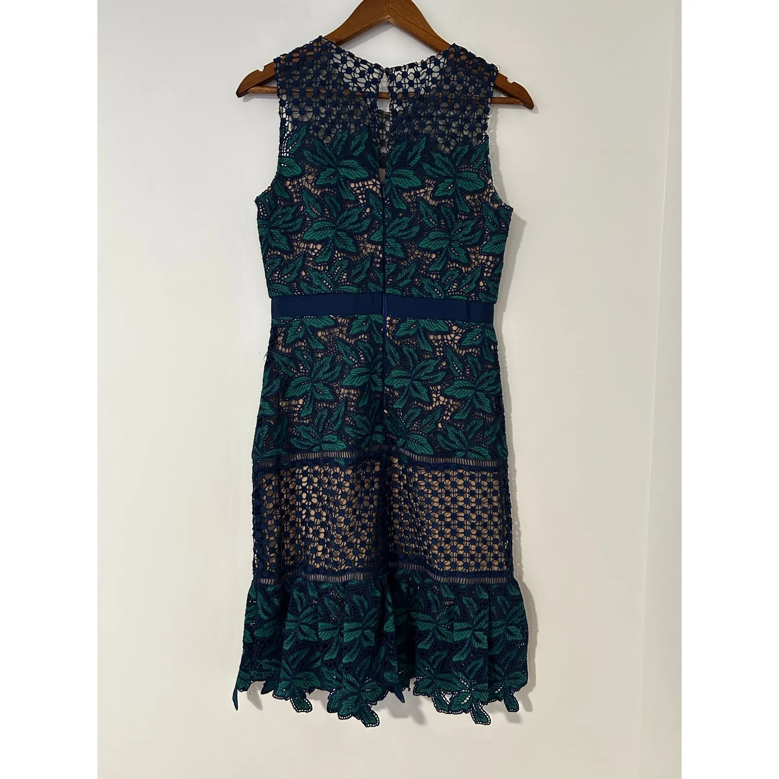 Badgley Mischka Belle by Deanndra Emerald Green Navy Blue Dress Lace A-line US 6 - Image 7