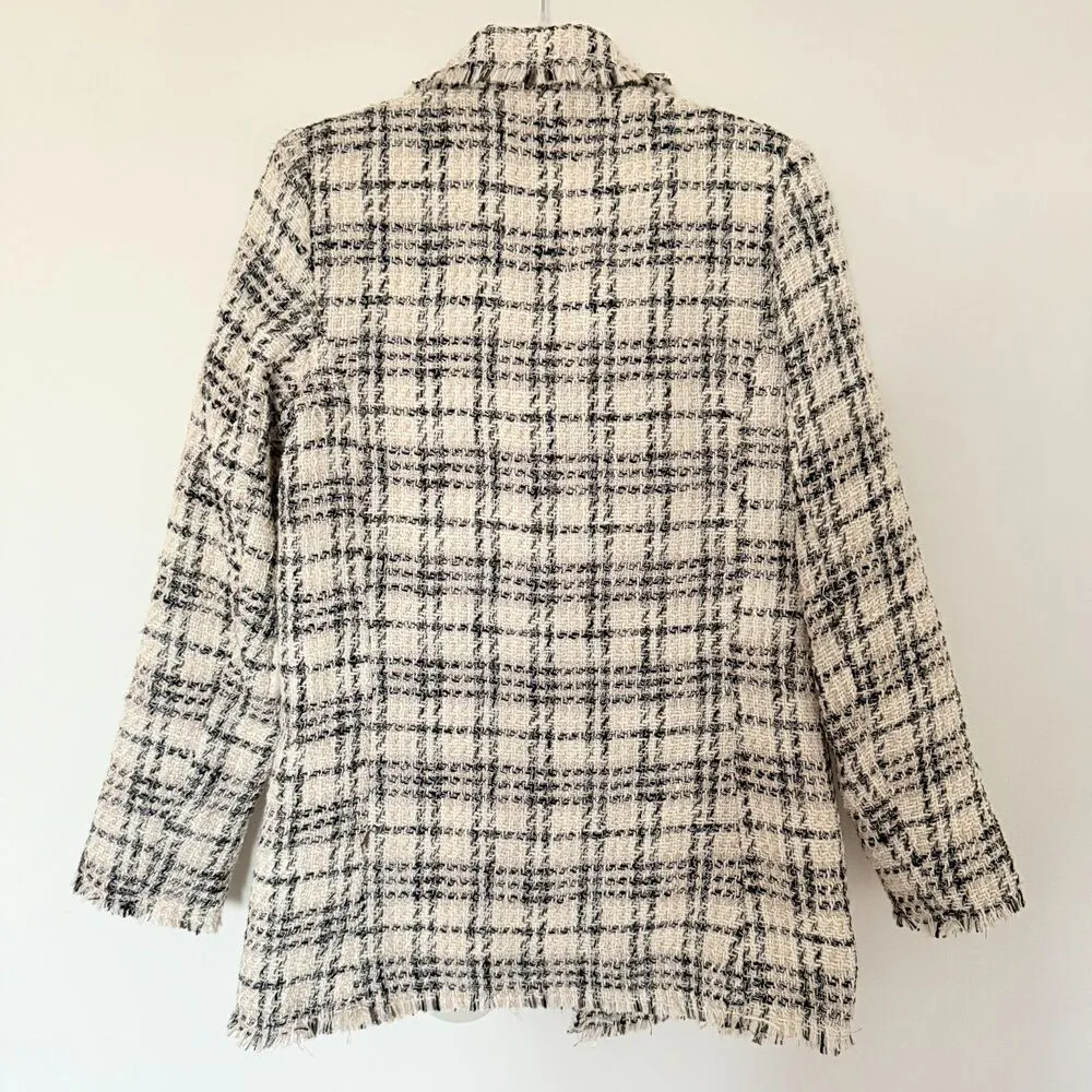 Ellen Tracy Bouclé Frayed Trims Tweed Plaid Preppy Blazer Sz M (Missing Button) - Image 3