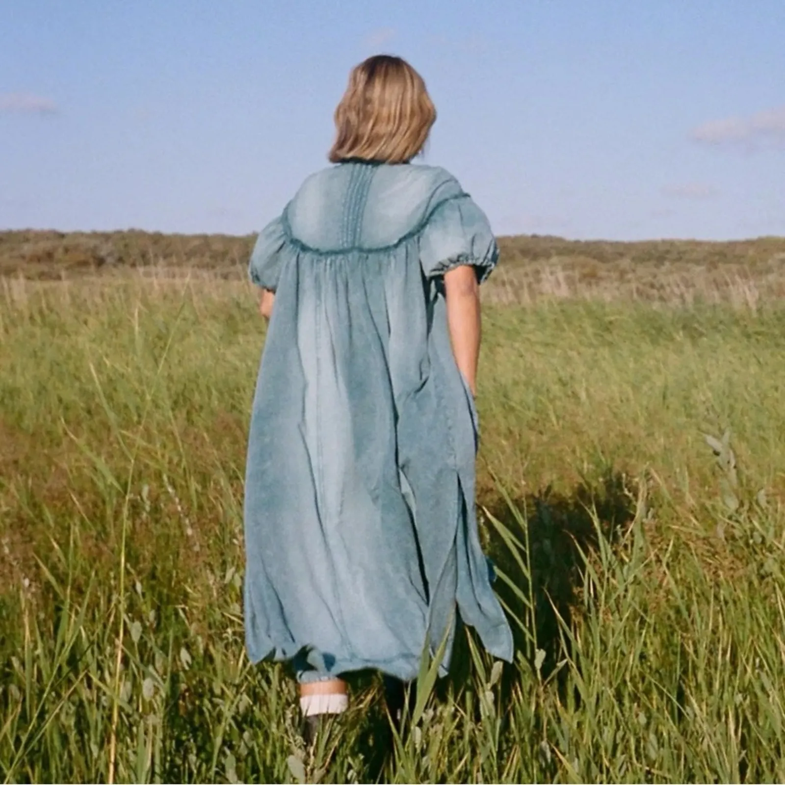 Free People Western Bohemian Prairie On The Road Denim Maxi Dress Size Medium - Image 8