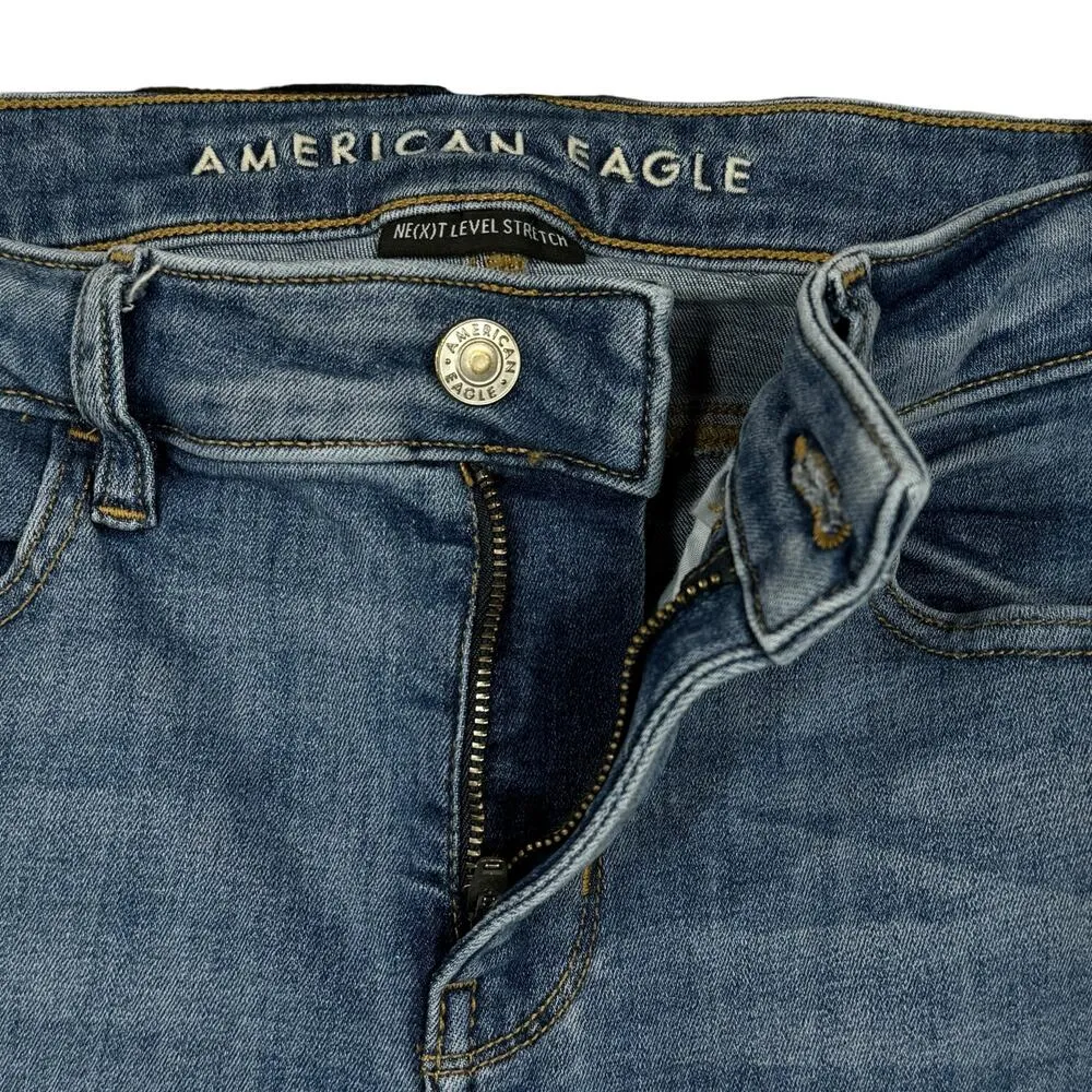American Eagle SZ 4 SHORT Jeggings Jeans Stretch Low-Rise Zip-Fly Whiskered Blue - Image 3