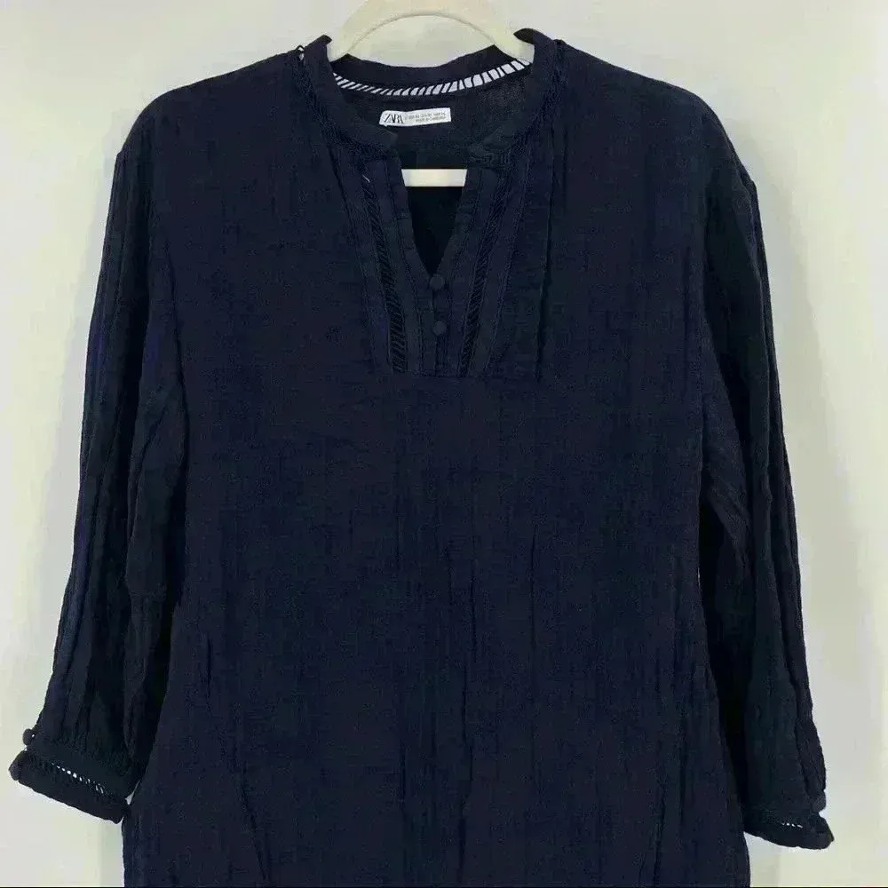 ZARA‎ Navy Lace Insert V-Neck Tunic Top Size XS - Image 9