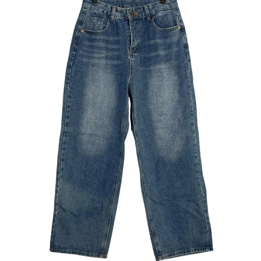 Evis Vintage Straight Wide Leg Mid Rise Full Length Casual Denim Jean Zip 8 Blue - Image 11