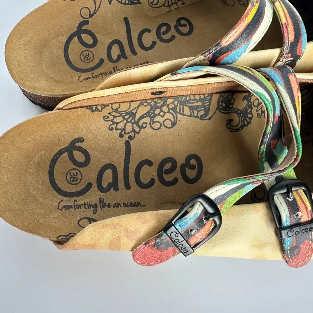 Calceo Colorful Butterfly Patterened Clog‎ Vegan Leather Quirky Garden Artsy Tan Size 7 - Image 5