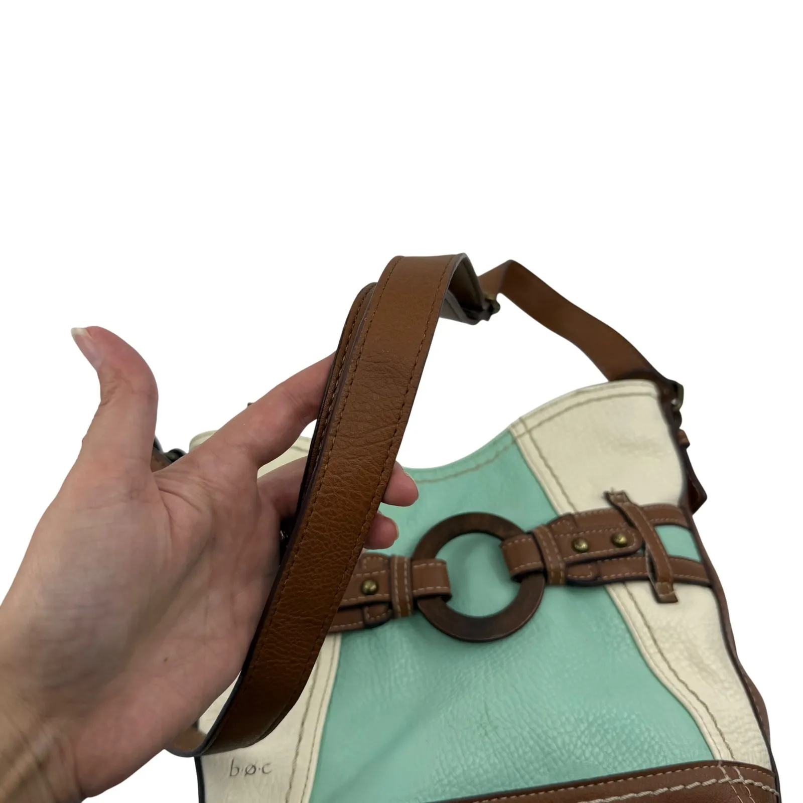 BOC Brown & Blue Faux Leather Crossbody Bag Purse Circle Accent‎ - Image 13