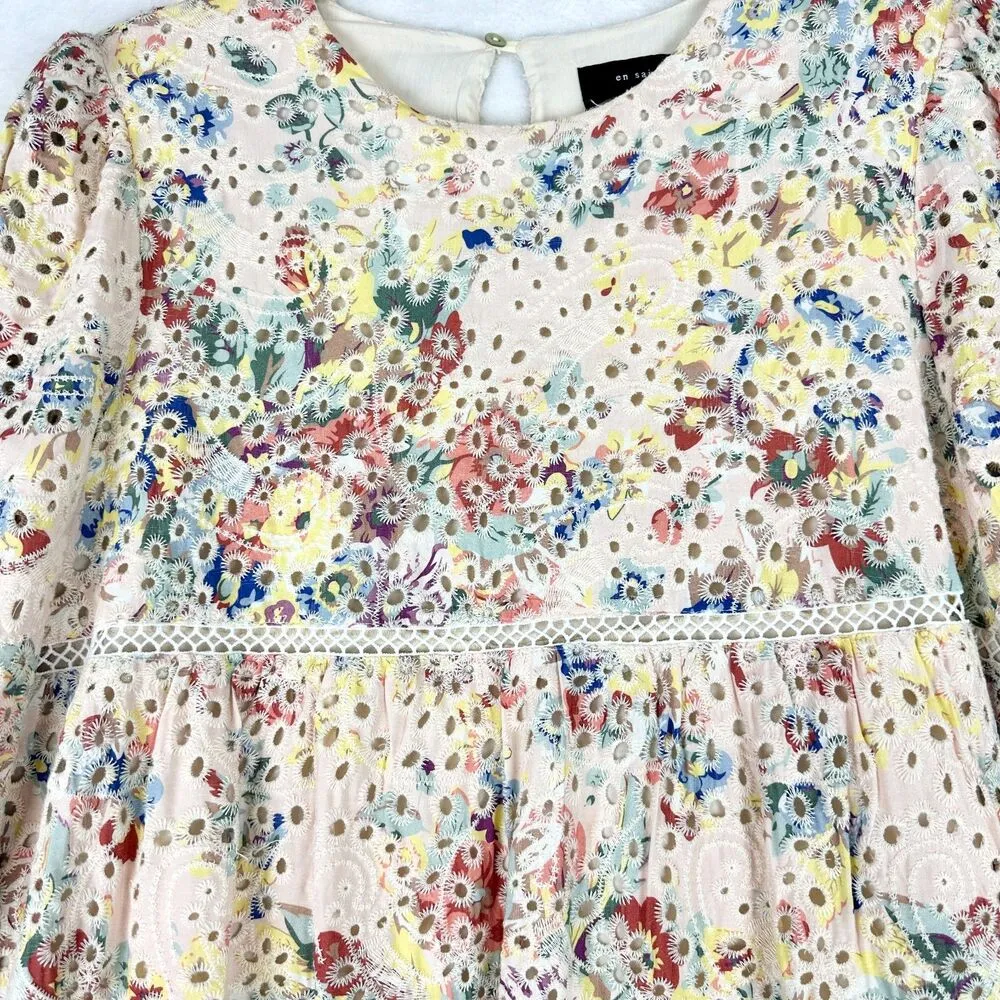 En Saison Eyelet Babydoll Mini Dress Size Small Floral Tiered Lined Puff Sleeve Pink - Image 8