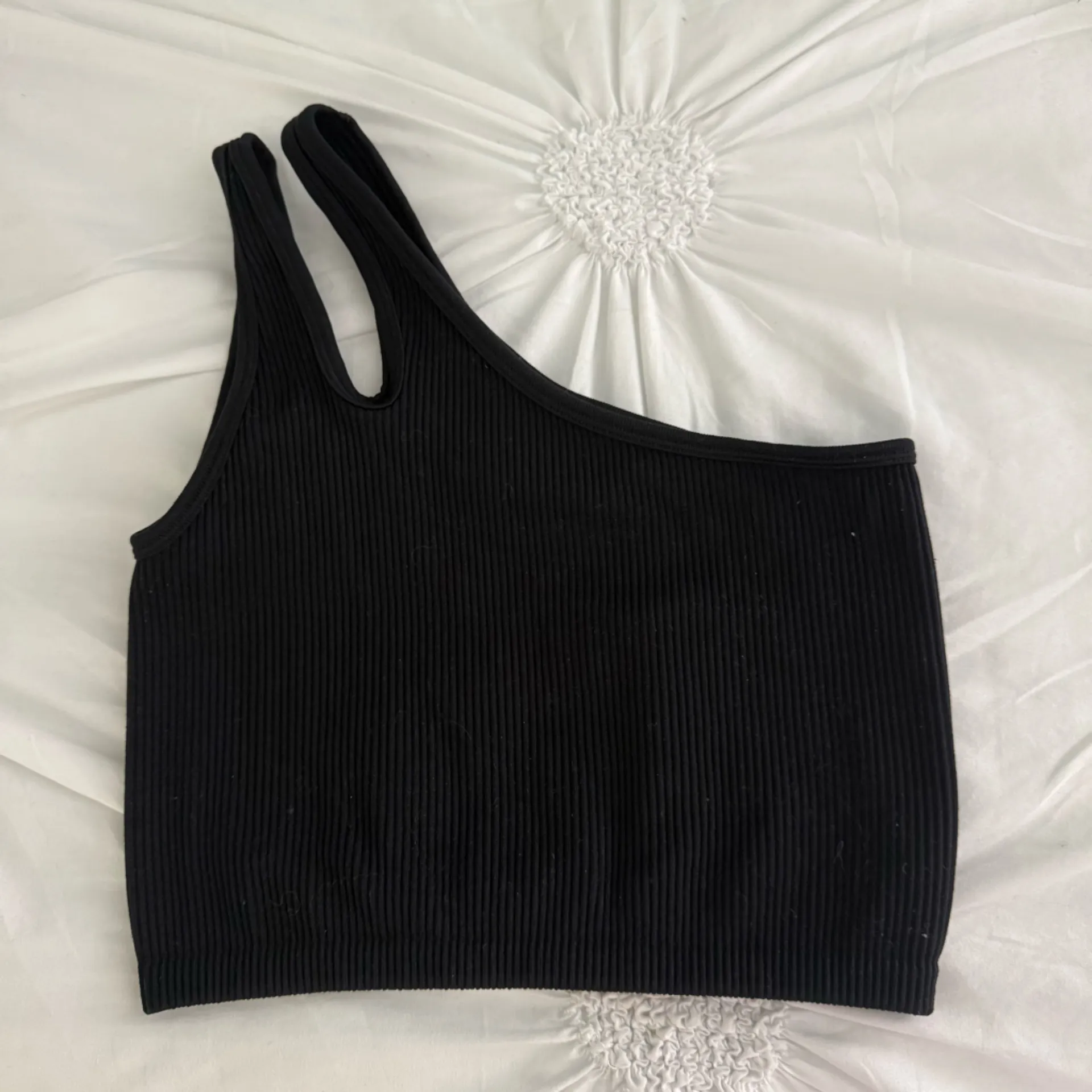 Aerie Black Ribbed One Shoulder Cropped Tank - Image 2