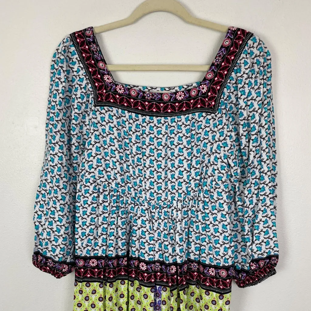 Eci S Blue Green Square Neck Balloon Sleeve Mixed Pattern Bohemian‎ Boho Twee - Image 2