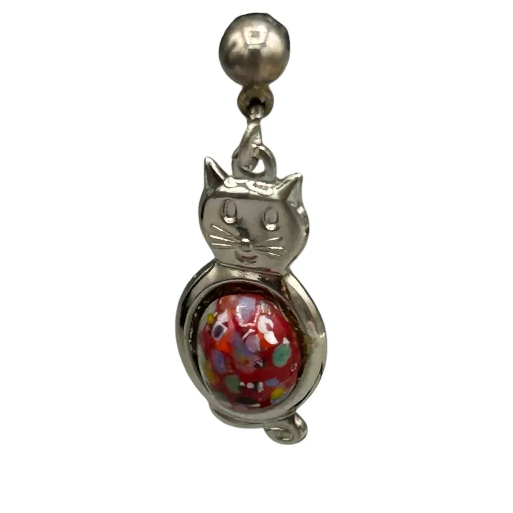Vintage Cat Dangle Earrings Glass Cabochon - Image 3