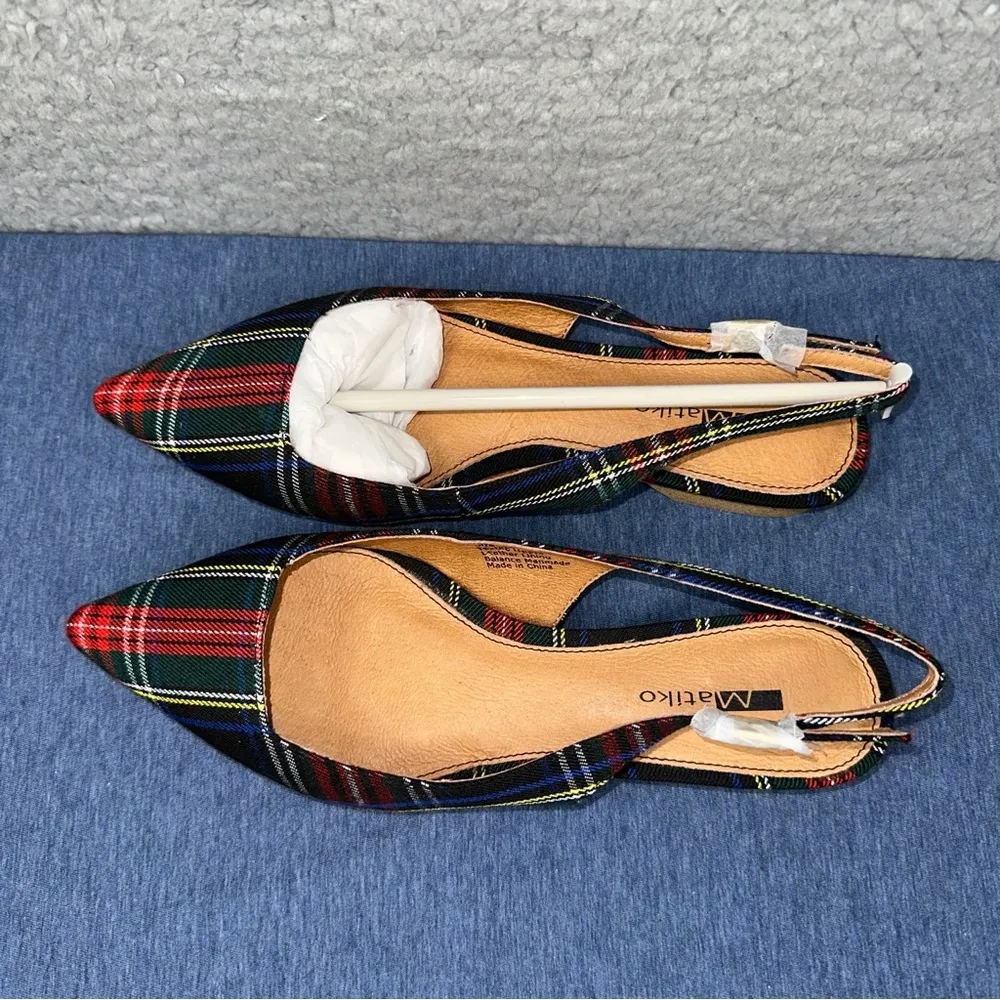 Matiko Shoes Lori Womens EUR 36 US 6 Green Tartan Plaid Point Toe Slingback Flat - Image 3