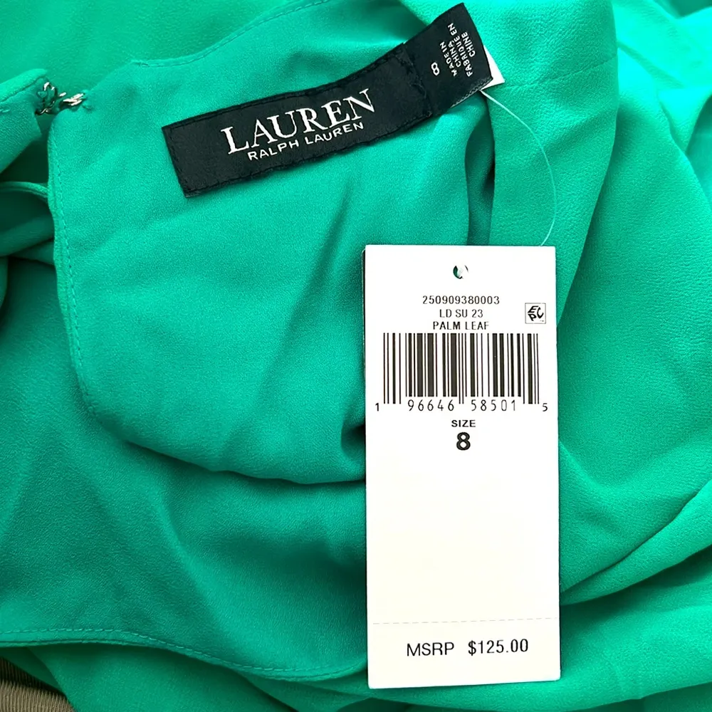 Lauren Ralph Lauren Round Neck Georgette Ruffled Shift Dress, Green Size 8 NWT - Image 3