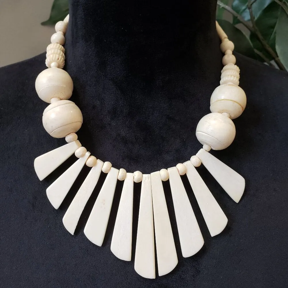 Womens Fashion Native American Bone Gumball Beads Bib Necklace with Hook & Eye White - Image 2