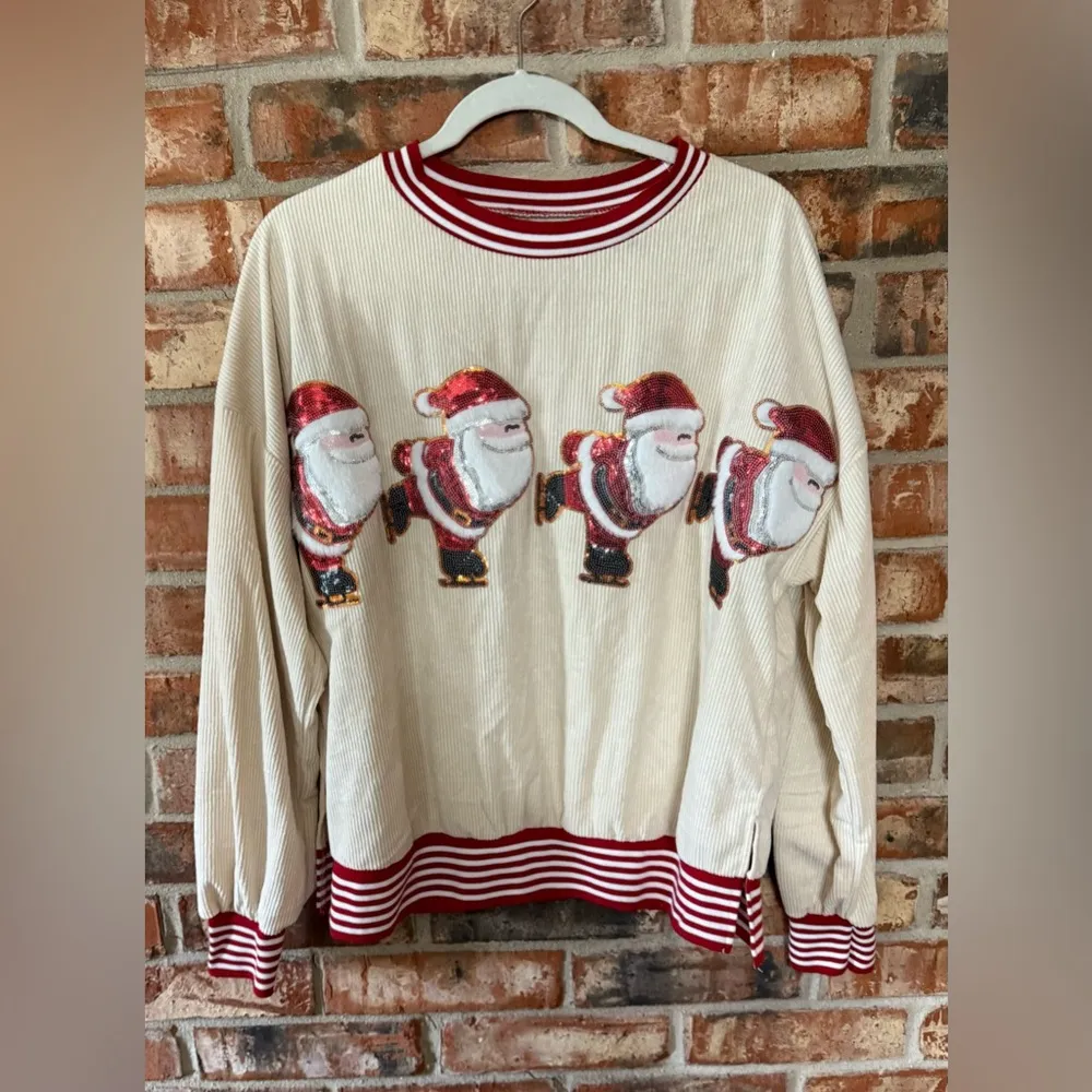 SHEIN Cream and Red sequined santa Crewneck long sleeve Top - Image 2