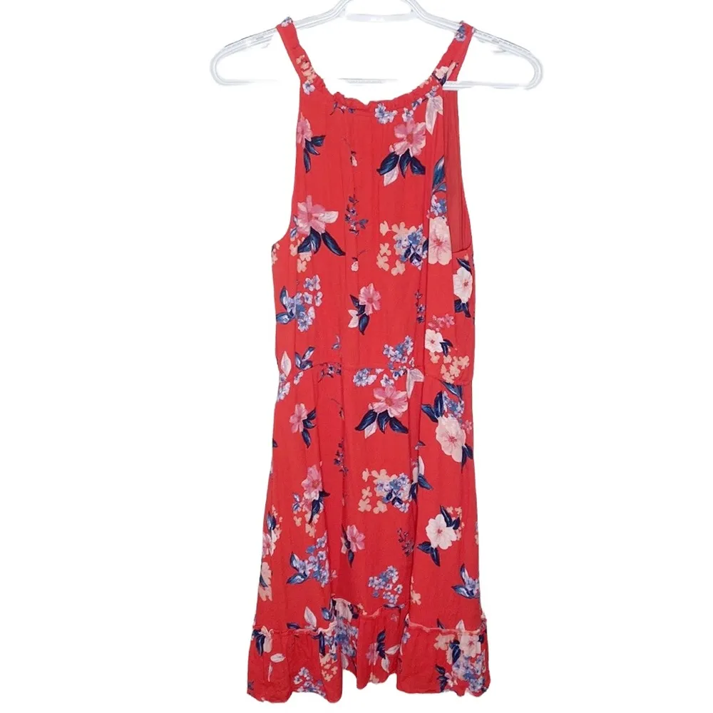 Cupcake and Cashmere crepe coral red floral ruffled tassel tie sun dress size L - Image 31