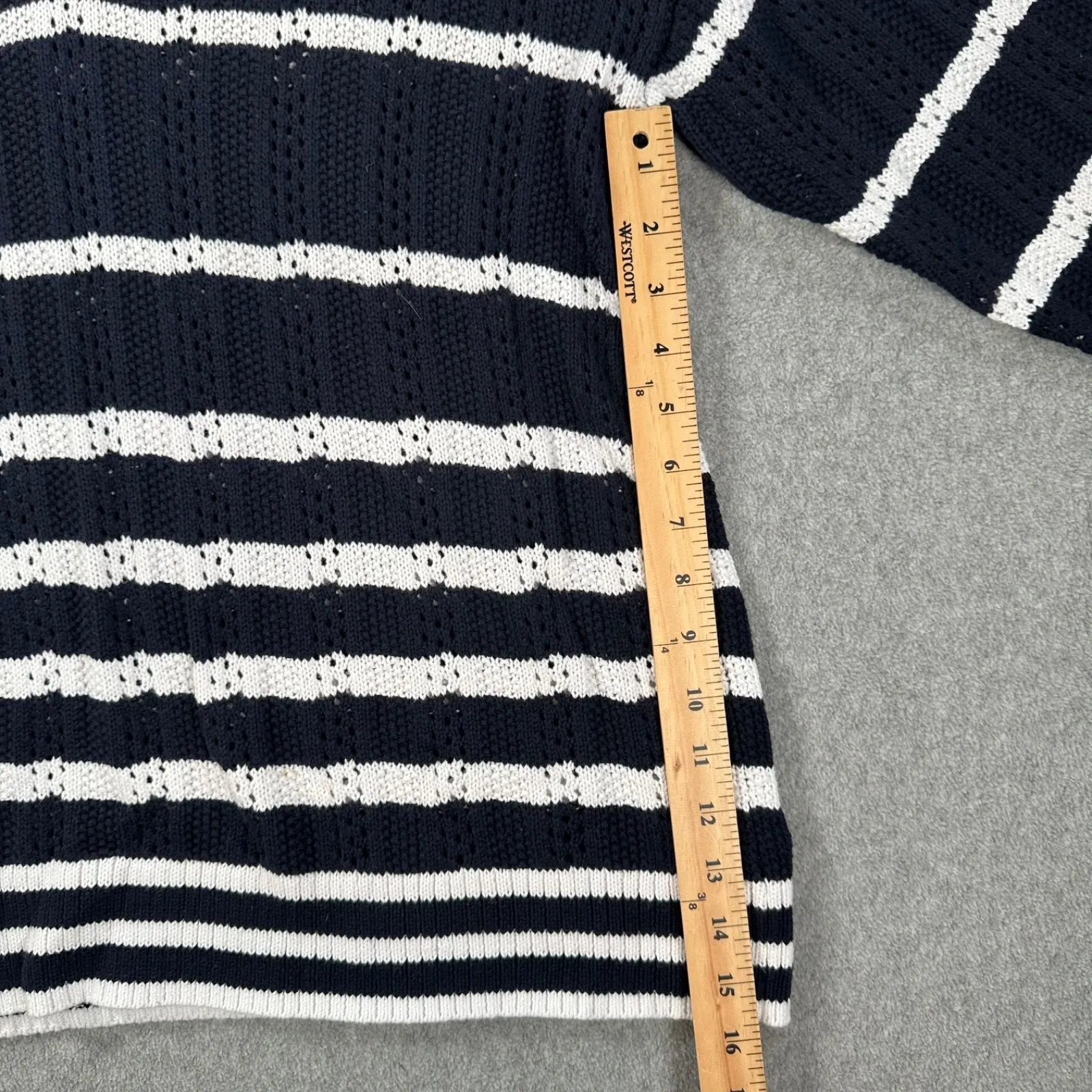 Talbots Open Knit Johnny Collar Sweater Women's Large Navy Blue/White Stripe - Image 6